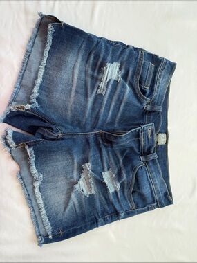 Women’s Distressed Dark Blue Denim Jean Shorts - Casual Frayed Hem